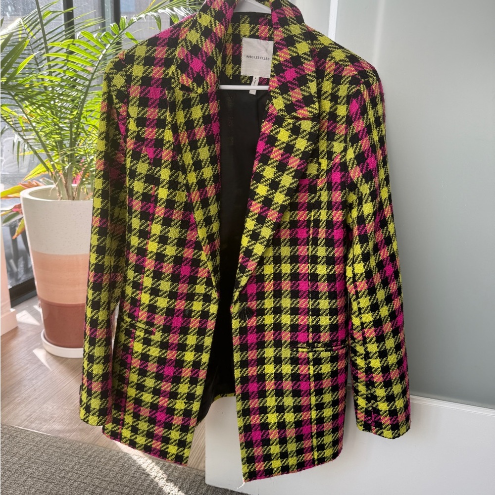 Avec Les Filles pink and yellow/green plaid blazer jacket